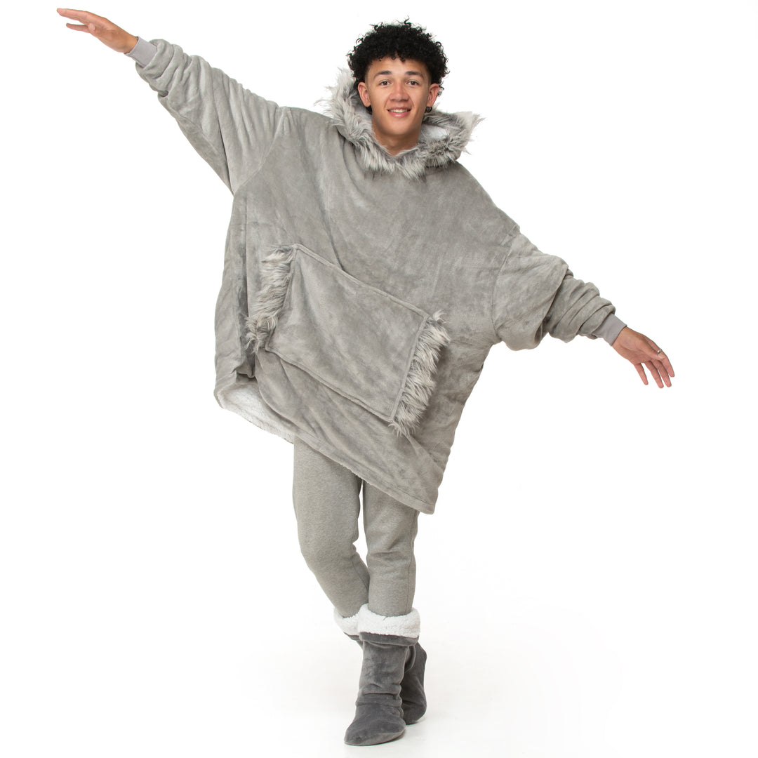 Grey Faux Fur Trim Hoodie Blanket