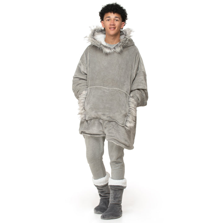 Grey Faux Fur Trim Hoodie Blanket