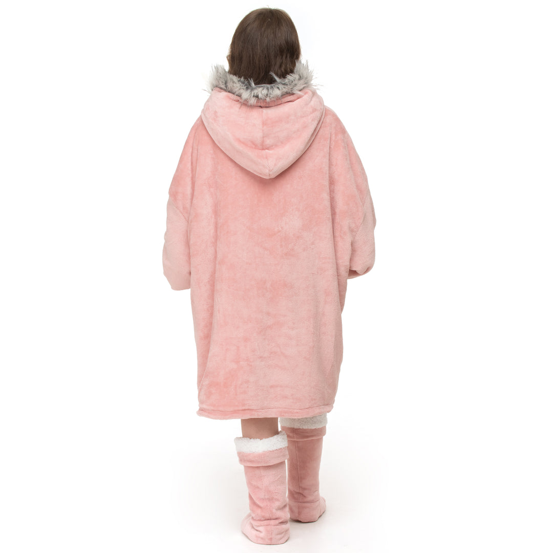 Blush Pink Faux Fur Trim Hoodie Blanket