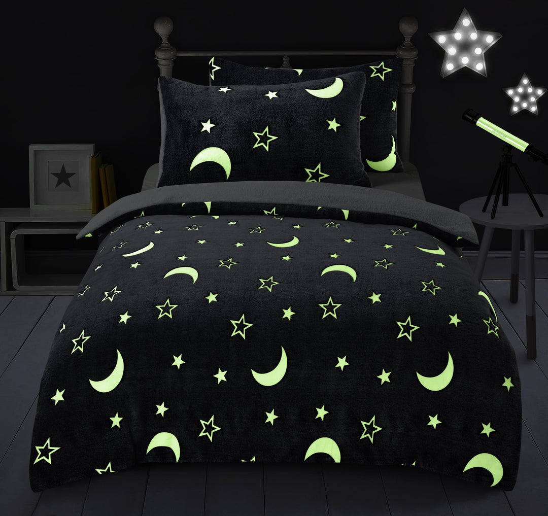Glow In The Dark Moon & Stars Teddy Fleece Duvet Cover Set