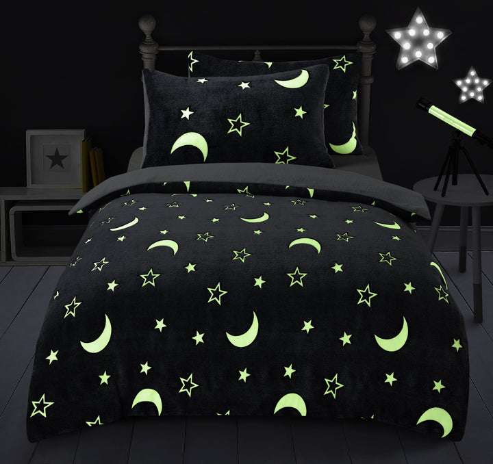 Glow In The Dark Moon & Stars Teddy Fleece Duvet Cover Set