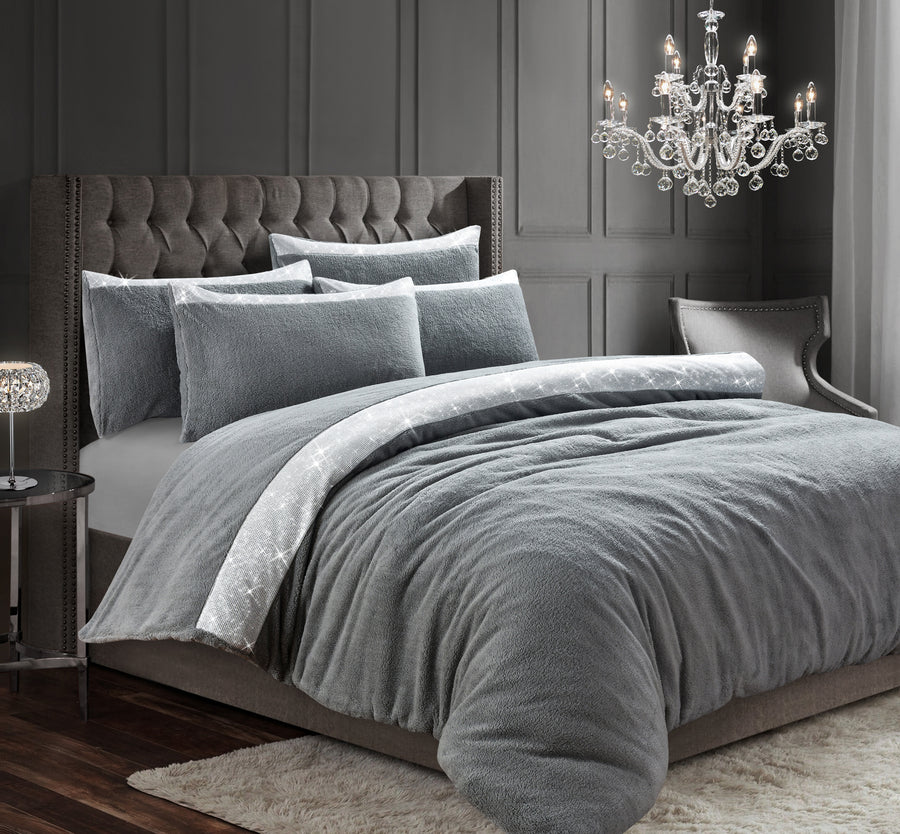 Beaux Sparkle Silver Grey Teddy Duvet Cover Set